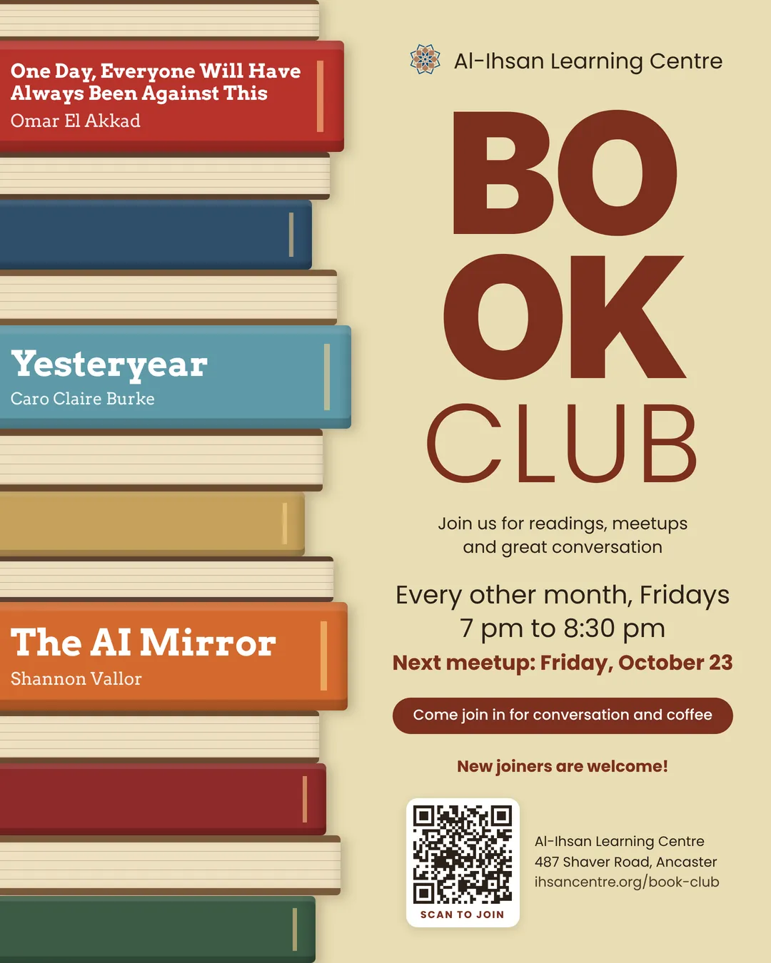 Al-Ihsan Book Club flyer listing the 2026 reads, every other month on Fridays 7 to 8:30 PM, with a QR code to join