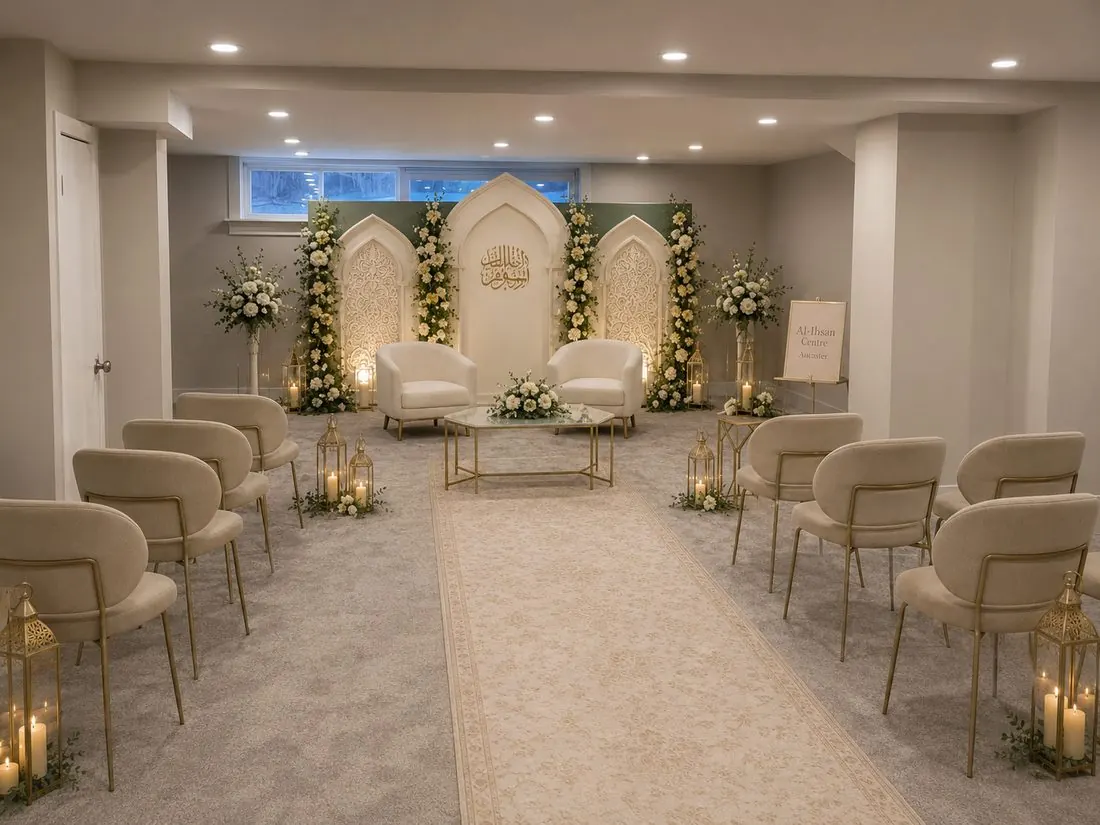 The Centre decorated with a floral backdrop for a nikkah ceremony