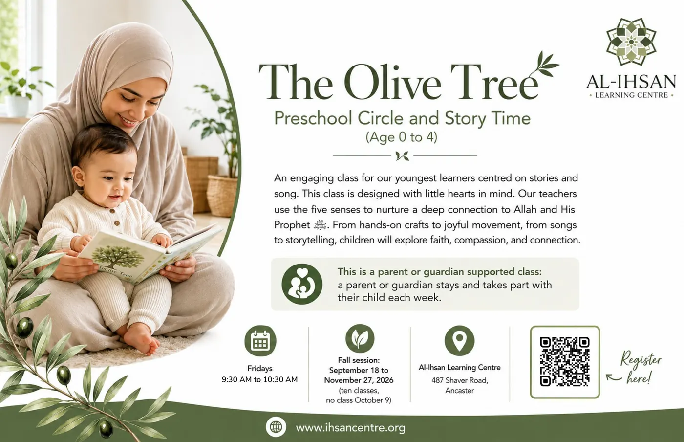 The Olive Tree fall 2026 flyer: ages 0 to 4, Fridays 9:30 to 10:30 AM, September 18 to November 27, 2026