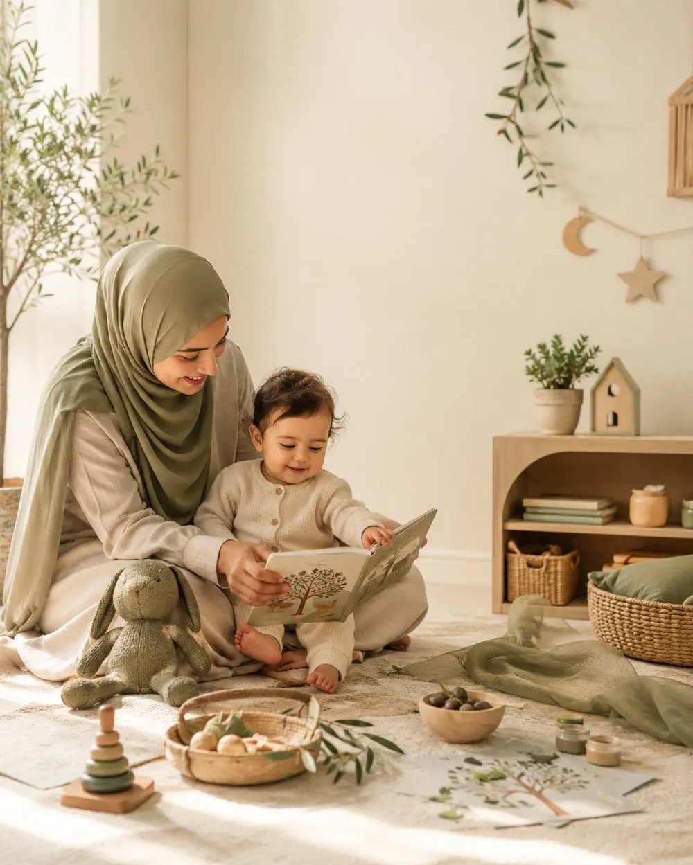 A mother reading a picture book with her young child at The Olive Tree