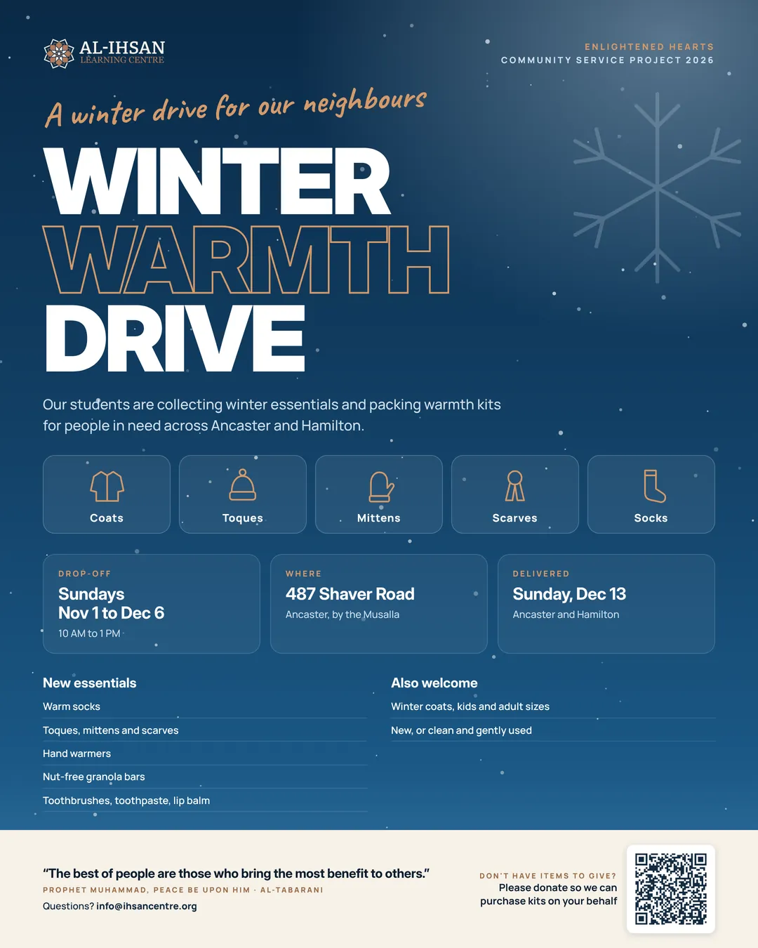Winter Warmth Drive poster: Sundays November 1 to December 6, 10 AM to 1 PM, drop off at 487 Shaver Road, Ancaster, kits delivered December 13